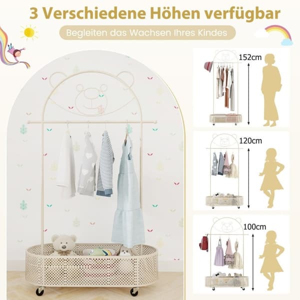 Lasten vaatehyllyn korkeus säädettävissä 130cm/150cm/182cm takkiteline pyörillä valkoinen