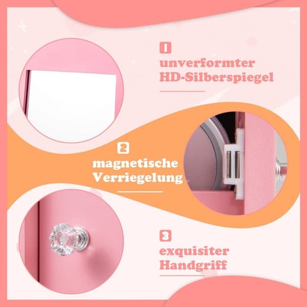 4 i 1 smykkeskap for barn speilskap 360° roterbart med rosa speil i full lengde
