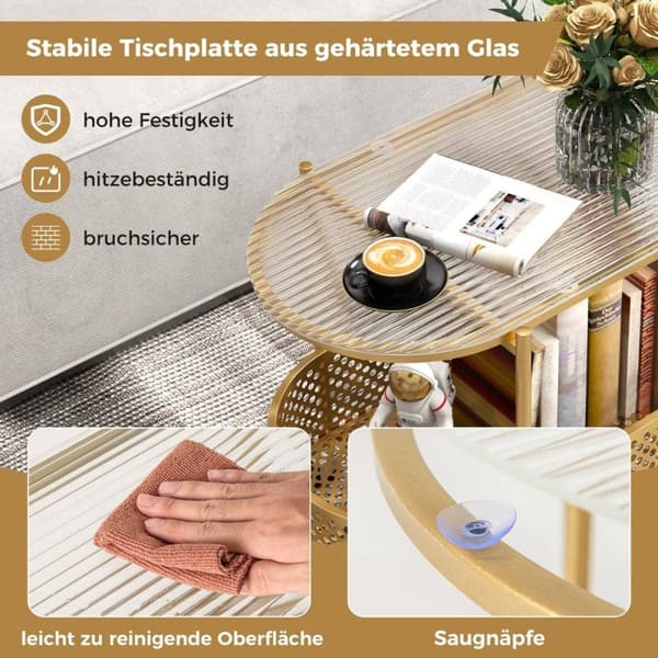 Sidobord i glas med hjul 2-vånings glasbord med björnmönster 60 x 40 x 76 cm Gyllene