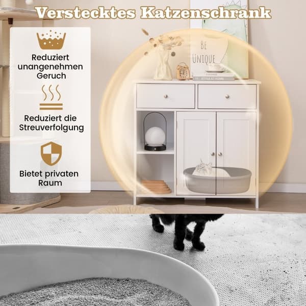 Katteskap i tre med 2 skuffer & doble dører & åpne rom kattetoalett