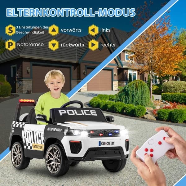 12V børne elbil politi el børne bil med fjernbetjening El bil til børn fra 3 år Hvid