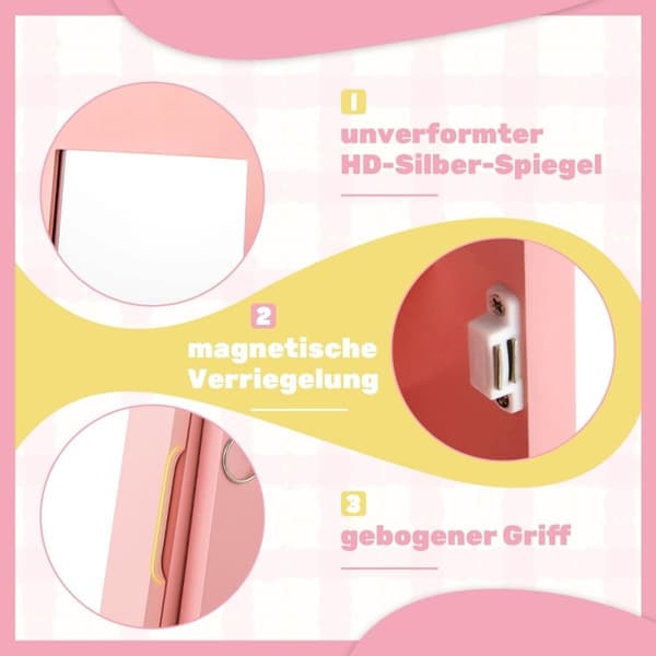 Smykkeskap for barn 3 i 1 vippbart speilskap med rosa speil i full lengde