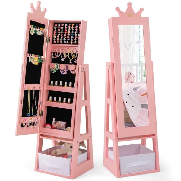 Smykkeskap for barn 3 i 1 vippbart speilskap med rosa speil i full lengde