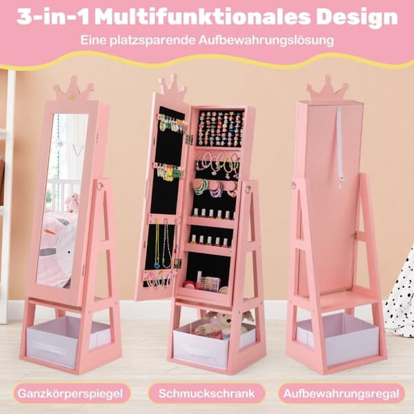 Smykkeskap for barn 3 i 1 vippbart speilskap med rosa speil i full lengde