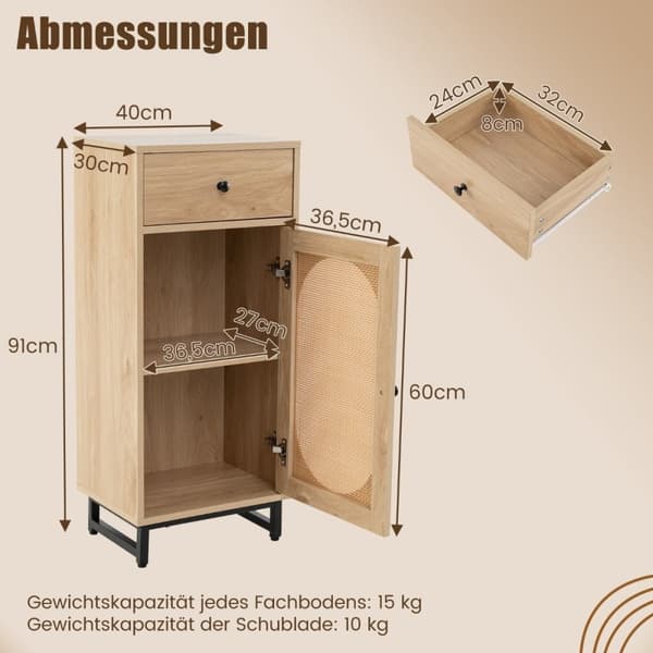 Nattbord rotting med dør og skuff Boho sidebord med justerbar hylle 40 x 30 x 91cm naturlig