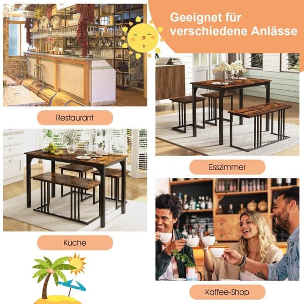 Spisebord med bænk &amp; 2 taburetter sæt af 4 køkkenbord industriel spisegruppe til køkken 120 x 60 x 75 cm brun