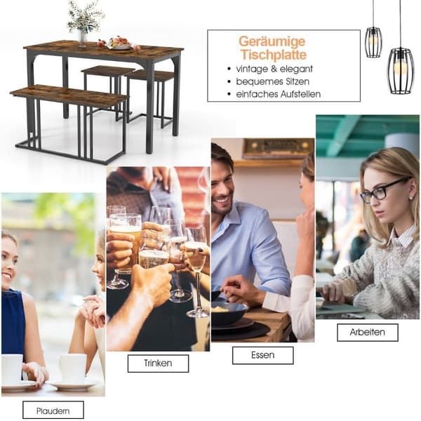 Spisebord med bænk &amp; 2 taburetter sæt af 4 køkkenbord industriel spisegruppe til køkken 120 x 60 x 75 cm brun