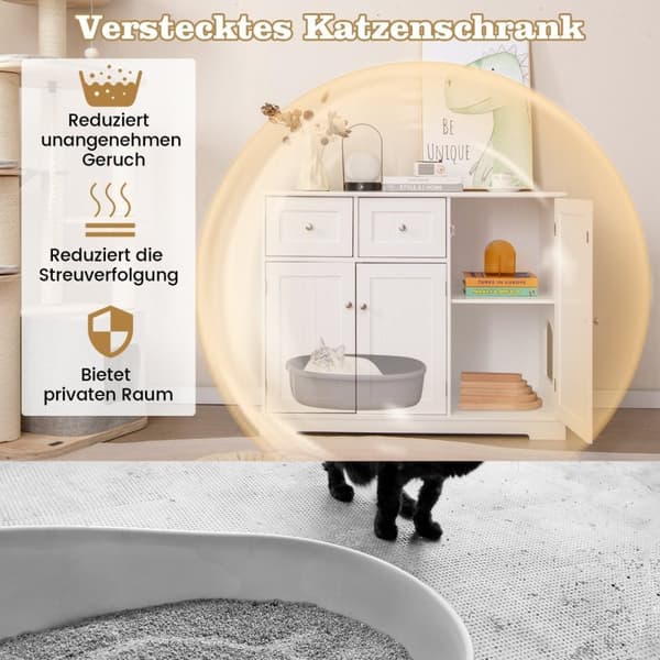 Gemmested til kattebakken med 2 skuffer og 3 døre katteskabe i træ til kattemøbler
