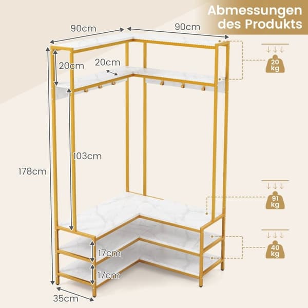 Hjørne knagerække med bænk L-formet tøjstativ med åbne hylder 90 x 90 x 178 cm hvid