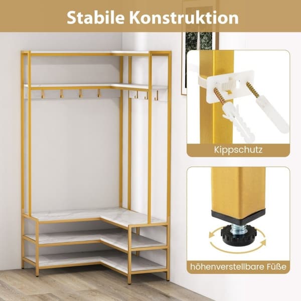 Hjørne knagerække med bænk L-formet tøjstativ med åbne hylder 90 x 90 x 178 cm hvid