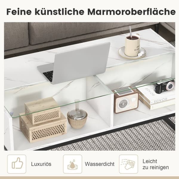 LED salongbord med marmorlook &amp; Justerbare lysfarger &amp; Lysstyrke stuebord hvit