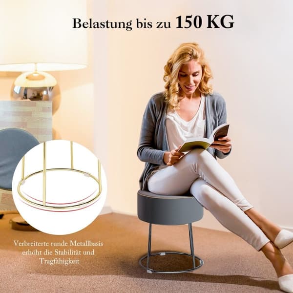 Rund krakk fotskammel laget av fløyel med metallben, polstret dressingkrakk, kan holde opptil 150 kg, grå