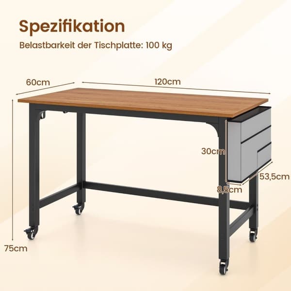Skrivebord med hjul Computerbord med aftagelig stoftaske og høretelefonkrog 120 x 60 x 75 cm Naturlig
