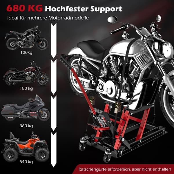 Motorcykelløft op til 680 kg 3-trins højdejusterbar hydraulisk motorcykeldonkraft rød