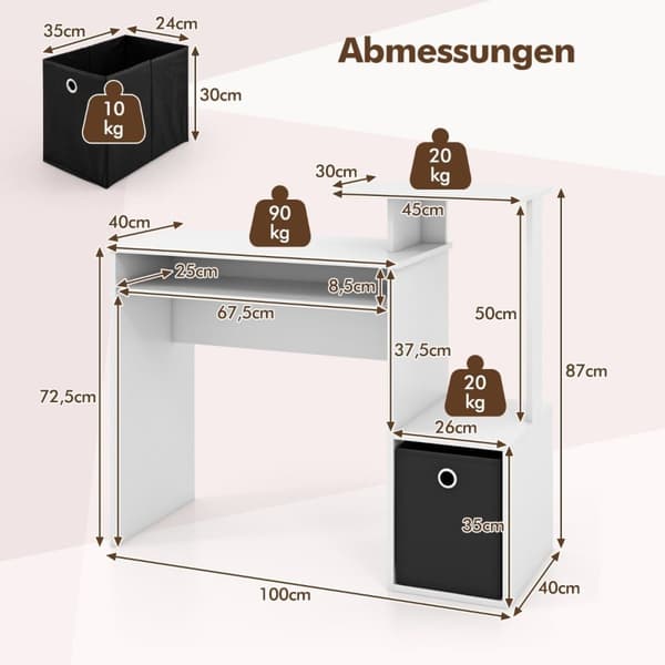 Skrivebord Lille computerbord med printerbakke Kontorbord til hjemmekontor 100 x 40 x 87 cm Hvid
