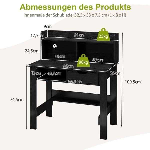 Skrivebord med stikkontakter Lille computerbord med fastgørelse 95 x 56 x 109,5 cm Sort
