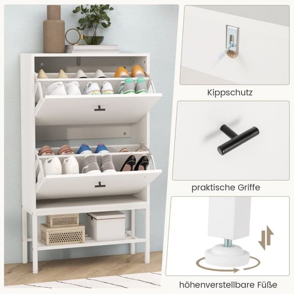 Skoskap med 2 klaffer &amp; 4 hyller &amp; Åpen hylle skotippskostativ hvit