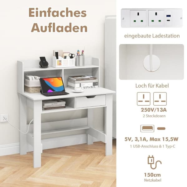Skrivebord med stikkontakter Lite datamaskinbord med feste 95 x 56 x 109,5 cm hvit