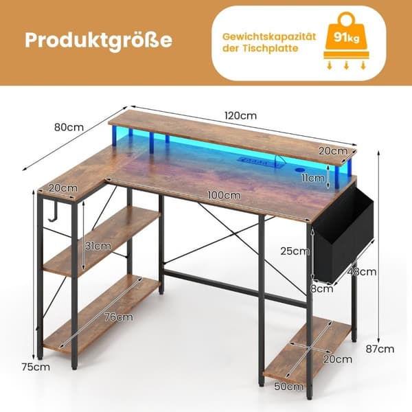 L-formet skrivebord med strømuttak &amp; LED-belysning Gaming Databord Rustikk Brun