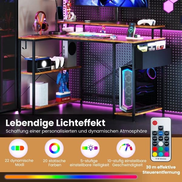 L-formet skrivebord med strømuttak &amp; LED-belysning Gaming Databord Rustikk Brun