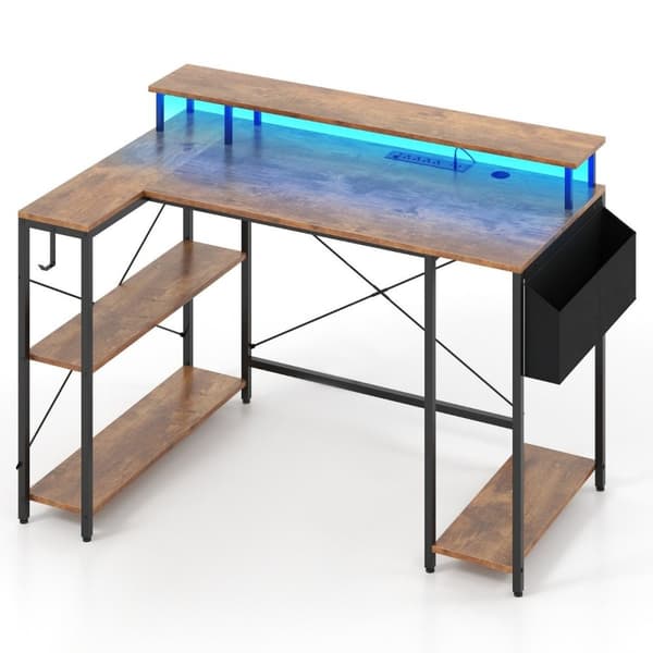 L-formet skrivebord med strømuttak &amp; LED-belysning Gaming Databord Rustikk Brun