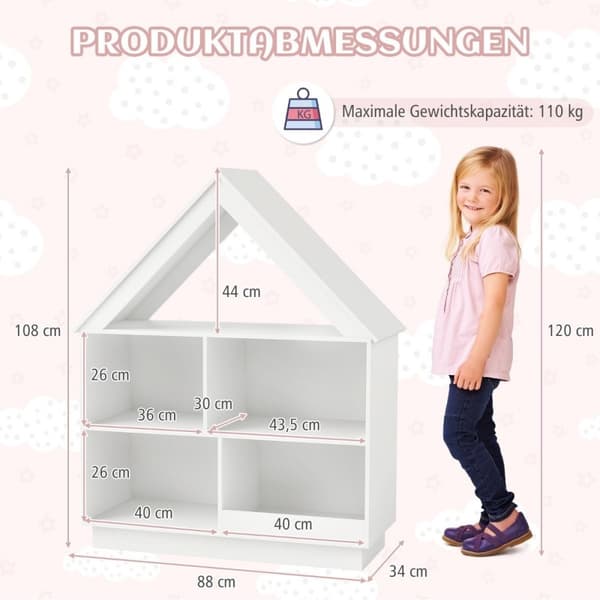 Barnhusformad bokhylla, barnhylla i trä med 5 fack, 88 x 34 x 108 cm, vit