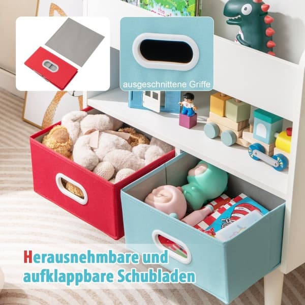 Bokhylle Barnehylle med 3 hyller &amp; åpent rom &amp; 2 stoffskuffer hvite