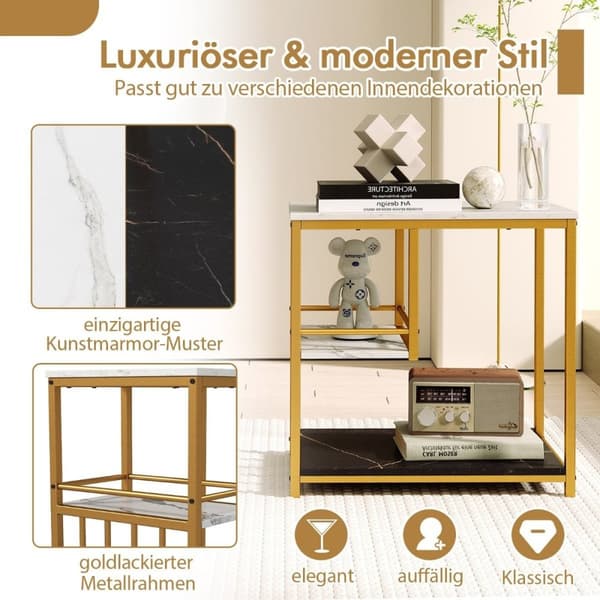 Sidebord marmorlook 3-lags nattbord med metallramme salongbord moderne stuebord hvit