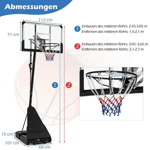 Koripalloteline 150-305 cm korkeussäädettävä koripallokehä ulkona jalustalla
