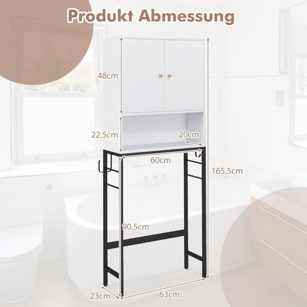 WC-kaappi vapaasti seisova wc-hylly 2 ovella & amp; 2 koukkua 63 x 23 x 165,5 cm valkoinen