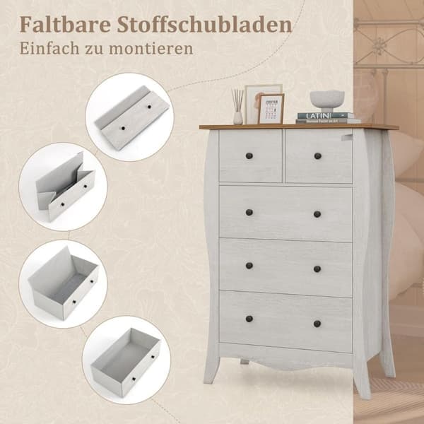 Kommode med 5 folde stofskuffer, skænk i landlig stil, gråt skuffeskab