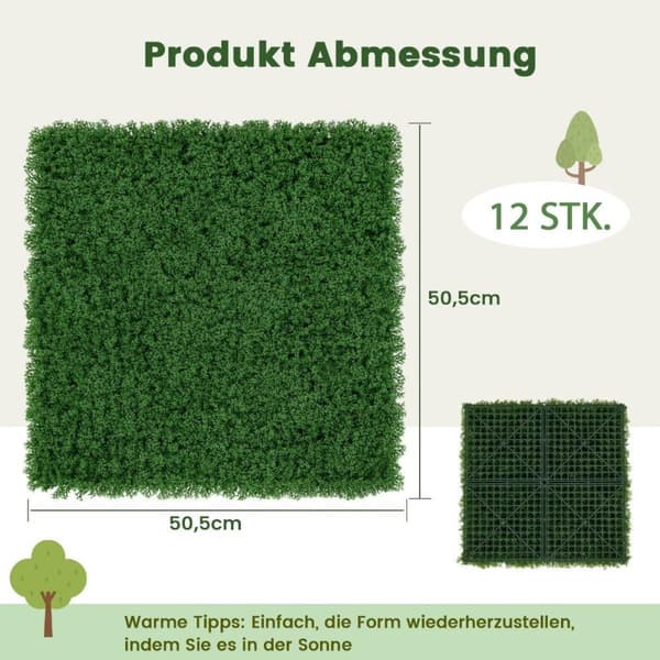 Pakkauksessa 12 kasviseinämää 50,5 x 50,5 cm keinosammalseinä yhdistettävä tummanvihreä
