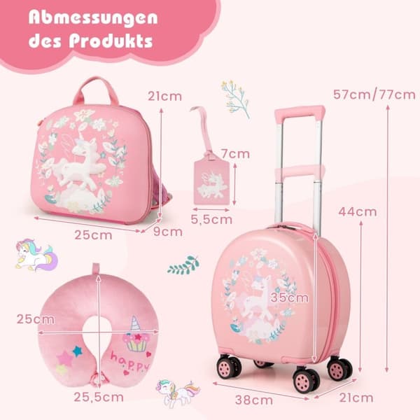 4-delt børnekuffert + rygsæk 10"+14" børnevogn med hjul pink