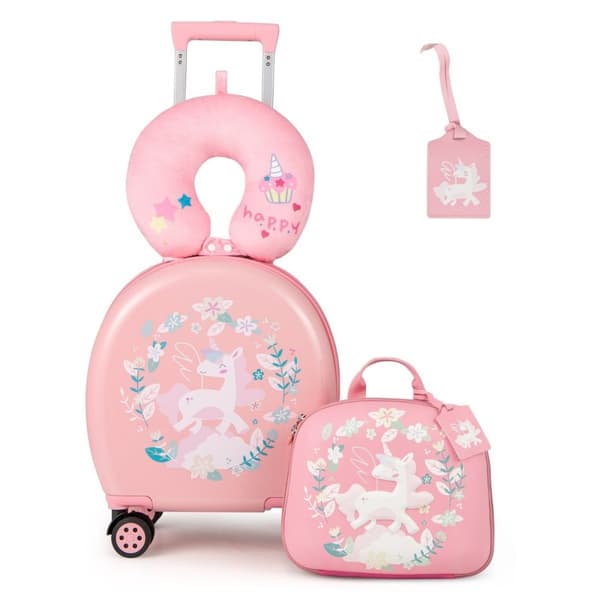 4-delt børnekuffert + rygsæk 10"+14" børnevogn med hjul pink