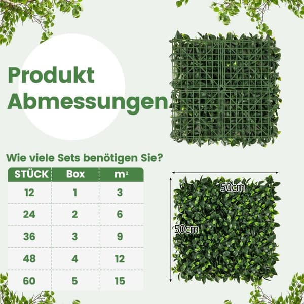 Pakke med 12 kunstig hæk plantevæg 50,5 x 50,5 cm Simuleret græsplæne kunstig plantegrøn