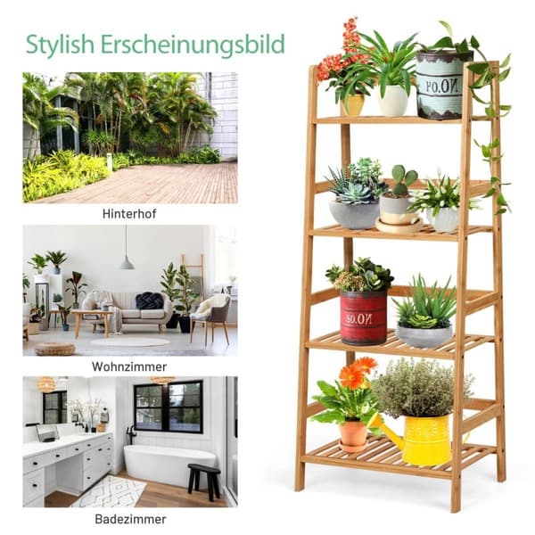Stående hylle med 4 nivåer stigehylle laget av bambus bokhylle plantehylle balkonghylle 48 x 32 x 115 cm naturlig