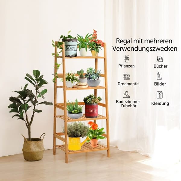 Stående hylle med 4 nivåer stigehylle laget av bambus bokhylle plantehylle balkonghylle 48 x 32 x 115 cm naturlig
