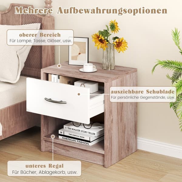 Sengebord med skuffe Lille sidebord med åbent rum 38,5 x 28 x 40,5 cm eg + hvid