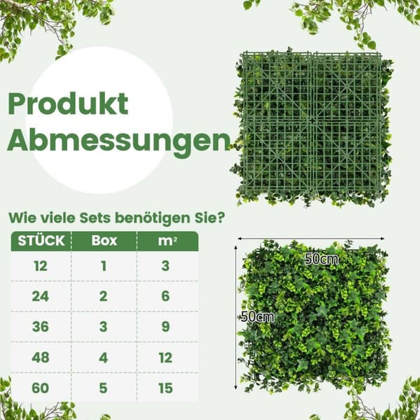 Pakke med 12 kunstig hekk plantevegg 50,5 x 50,5 cm UV-beskyttet blandede blader
