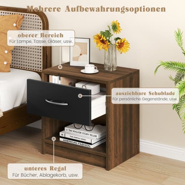 Sängbord med låda Litet sidobord med öppet fack 38,5 x 28 x 40,5 cm brun + svart