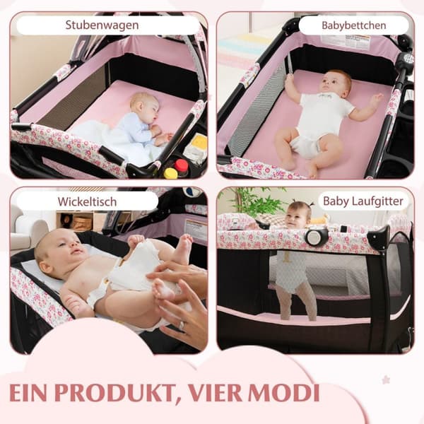 4 i 1 reiseseng med madrass sammenleggbar sideseng med justerbare baldakin rosa blomster