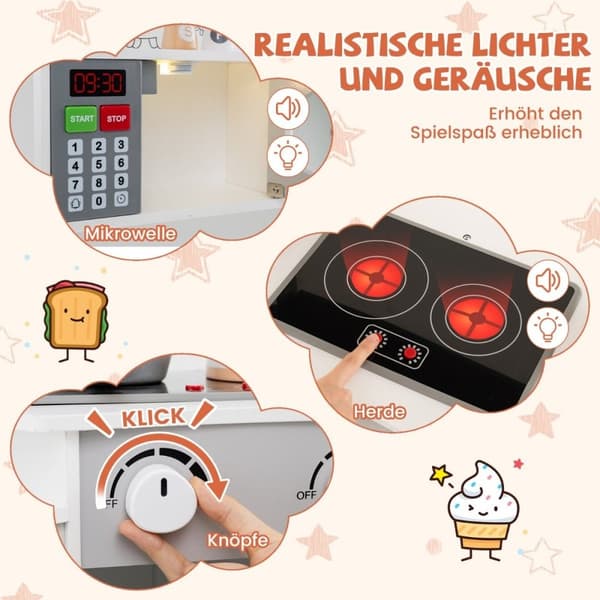 Hjørnelegekøkken i træ med lyd &amp; Lys &amp; Kaffemaskine &amp; Slide Toddler Køkken Legesæt Hvid