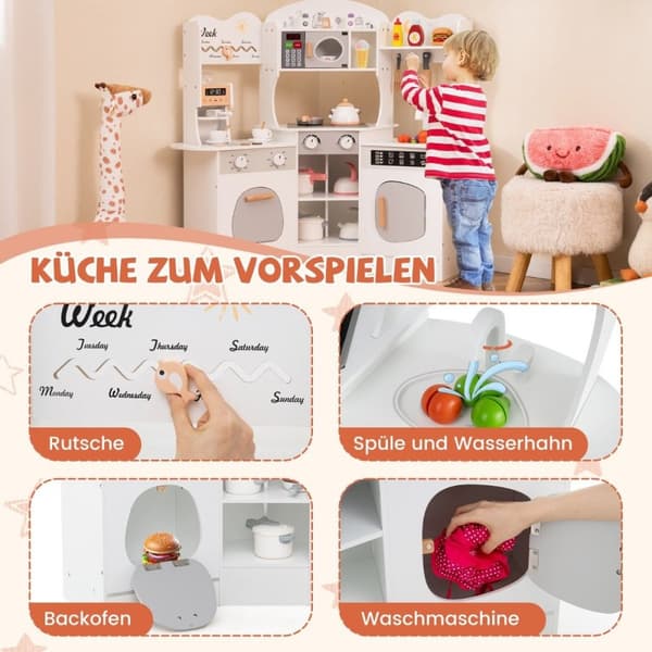 Hjørnelegekøkken i træ med lyd &amp; Lys &amp; Kaffemaskine &amp; Slide Toddler Køkken Legesæt Hvid