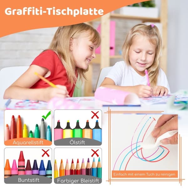Lasten pöytä 4 tuolilla ja graffitipöytälevyllä korkeussäädettävä lastenistuinryhmä luonnollinen