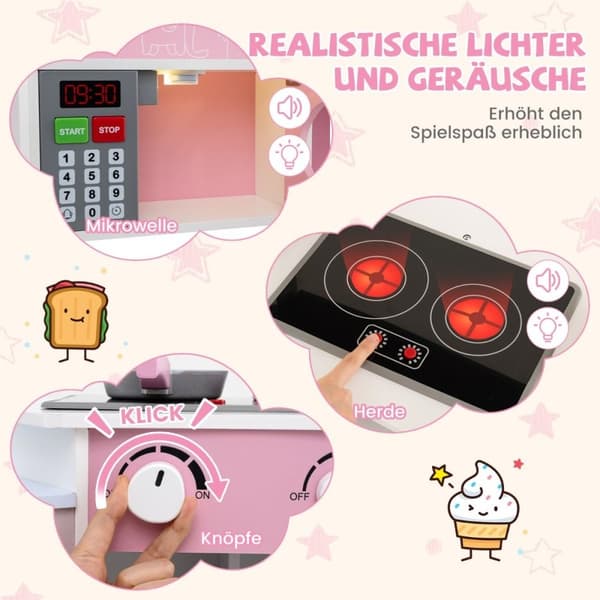 Hjørnelegekøkken i træ med lyd &amp; Lys &amp; Kaffemaskine &amp; Slide Toddler Kitchen Legesæt Pink