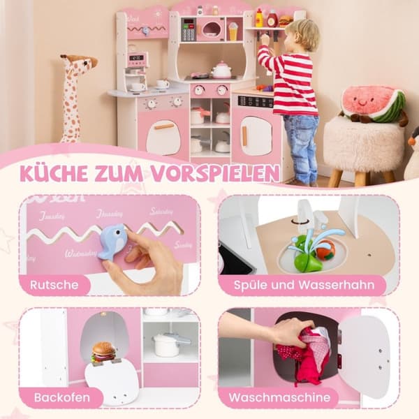 Hjørnelegekøkken i træ med lyd &amp; Lys &amp; Kaffemaskine &amp; Slide Toddler Kitchen Legesæt Pink