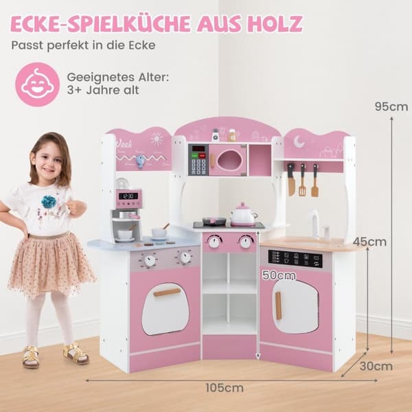 Hjørnelegekøkken i træ med lyd &amp; Lys &amp; Kaffemaskine &amp; Slide Toddler Kitchen Legesæt Pink