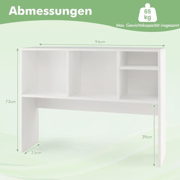 Skrivebordshylle med 4 rom, bordhylle, bordhylle, bokhylle, 94 x 25 x 73 cm, hvit