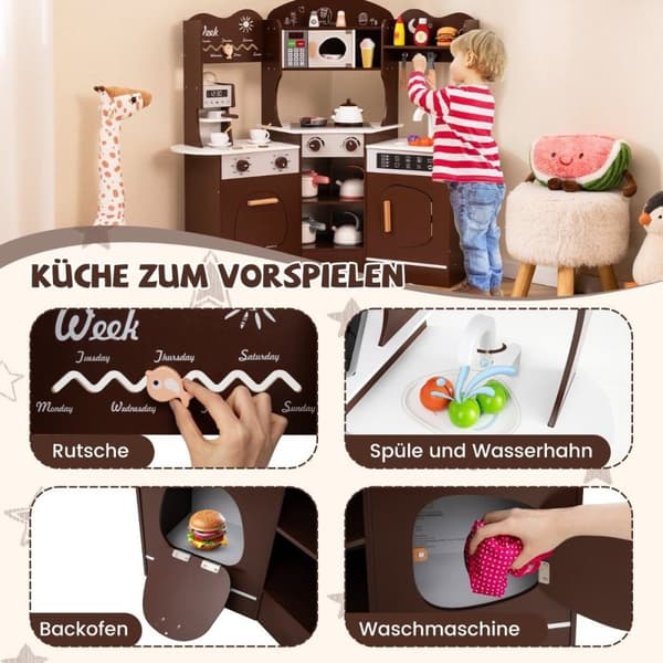 Hjørnelekekjøkken i tre med lyd &amp; Lys &amp; Kaffemaskin &amp; Slide Toddler Kitchen Lekesett Brun