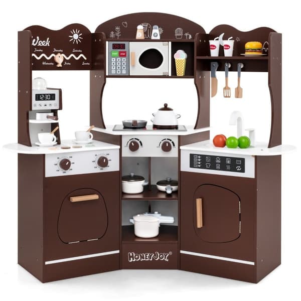 Hjørnelegekøkken i træ med lyd &amp; Lys &amp; Kaffemaskine &amp; Slide Toddler Kitchen Legesæt Brun